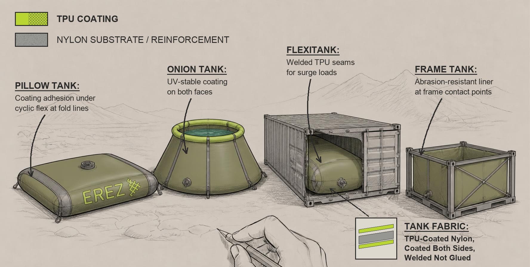 Pillow tank vs onion tank vs flexitank vs frame tank, showing where each flexible water tank's coated fabric fails