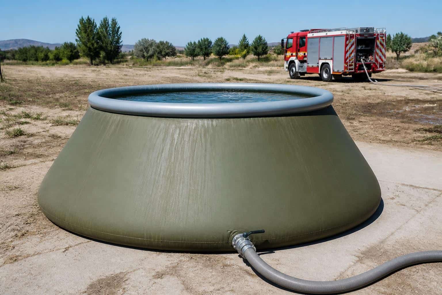 Open-top onion tank deployed in direct sun for firefighting water supply, with a self-supporting coated fabric sidewall